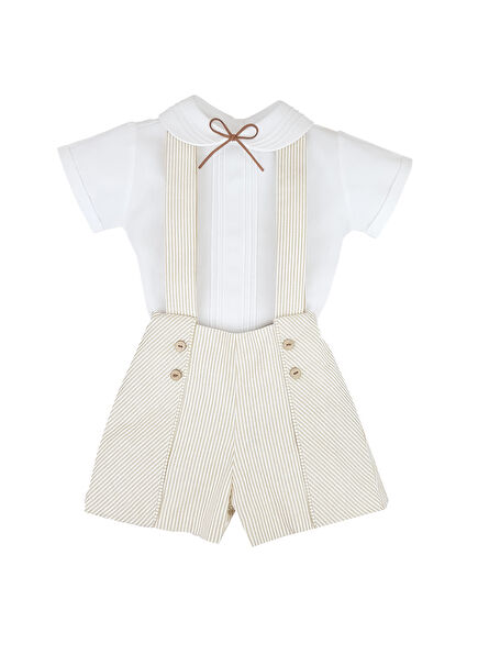 Çizgili Astarlı Gömlekli Krem Erkek Bebek Salopet Takım