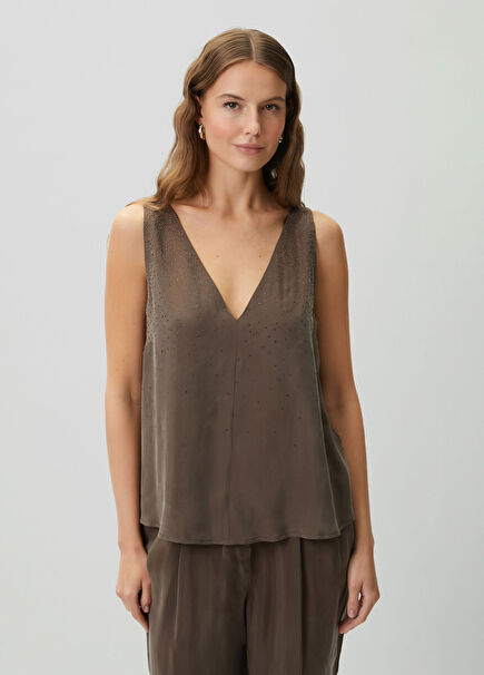 Kahverengi Hotfix Taşlı Bluz