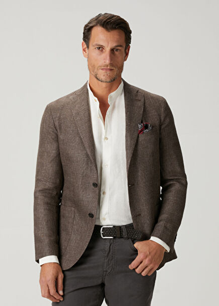 Kahverengi Ekose Desenli Keten Ceket