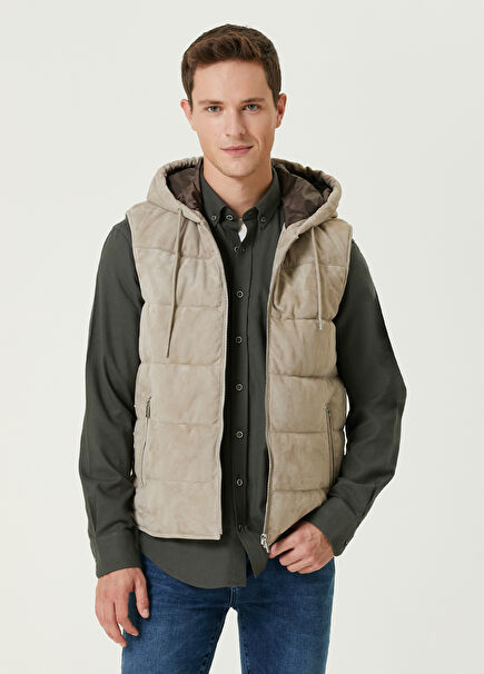 Beige Hooded Suede Vest