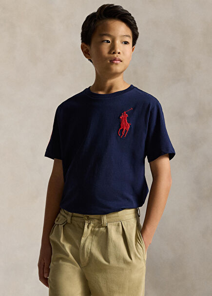 Navy Blue Logo Embroidered Unisex Kids T-Shirt