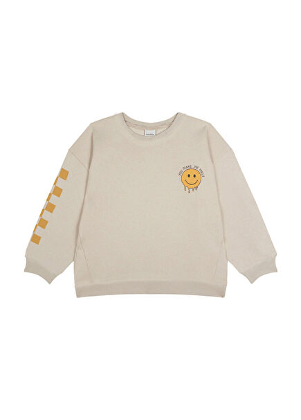 Smiley Krem Rengi Uzun Kollu Unisex Çocuk Sweatshirt