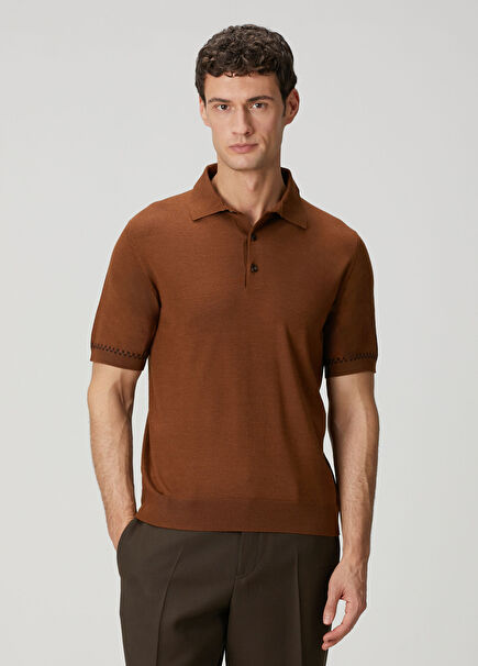 Brown Short Sleeve Wool Polo Sweater