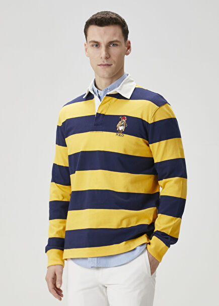 Sarı Mavi Polo Yaka Çizgili Sweatshirt