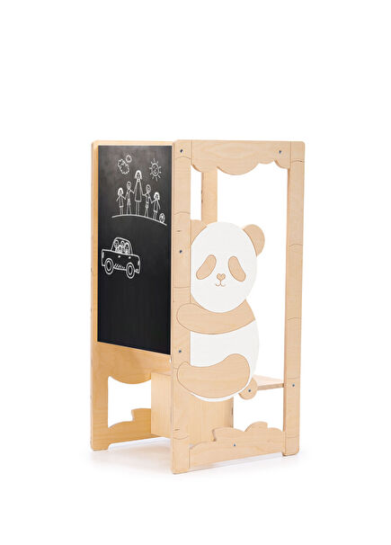 Naturel/Beyaz Panda Figürlü Yükseklik Ayarlı Öğrenme Kulesi ve Aktivite Masası