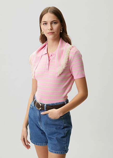 Pembe Çizgili Şal Detaylı Polo Kazak