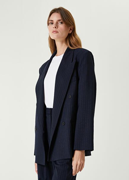 Navy Blue Striped Double-Breasted Jacket