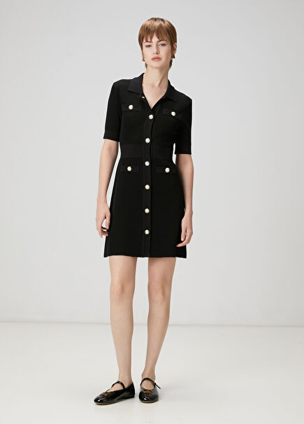 Black Mini Polo Knitwear Dress