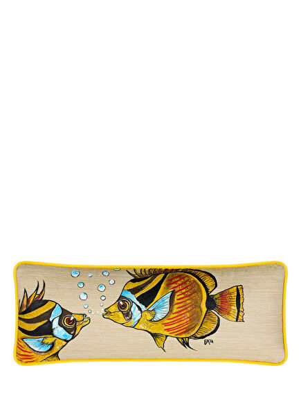 Yellow Fish Hand-Painted Throw Pillow on Linen 25 x 65 cm