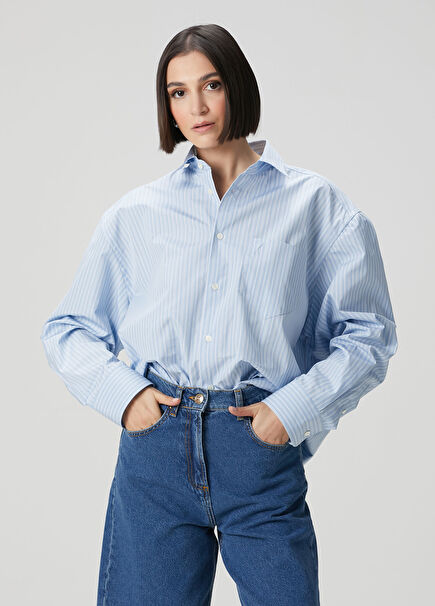 Boxy Fit Blue Striped Poplin Shirt