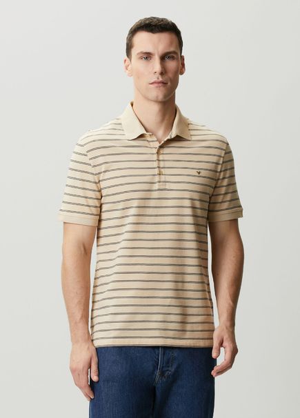 Bej Polo Yaka Çizgi Desenli T-shirt