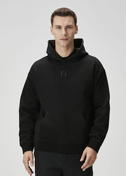 Siyah Kapüşonlu Logo Nakışlı Sweatshirt