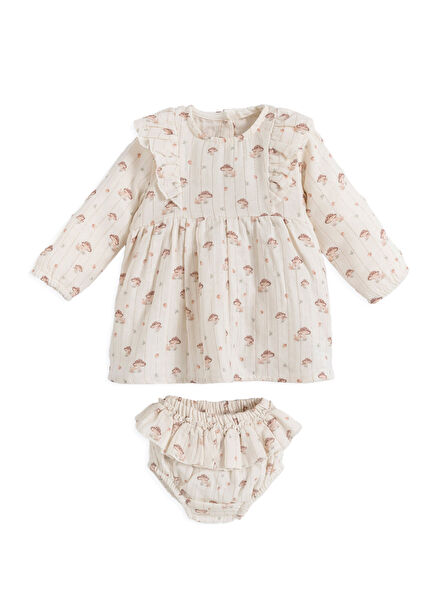 Woodland Ekru Pamuk Lurexli Müslin Kız Bebek Elbise Külot Set 