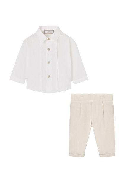 Beyaz Pamuklu Uzun Kollu Gömlek ve Pantolon Erkek Bebek 2'li Set 