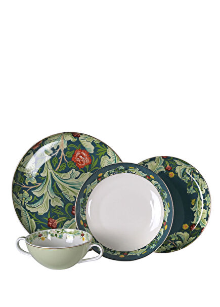 Sylva Renkli Desenli New Bone China Porselen 24 Parça 6 Kişilik Yemek Takımı