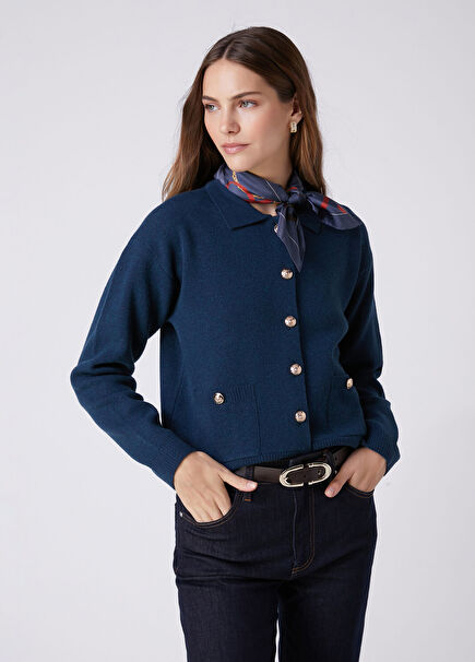 Petrol Gold Buttoned Short Wool Cardigan