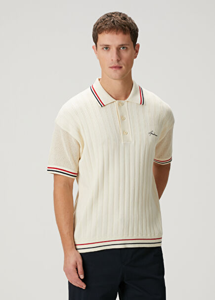 Ecru Short Sleeve Textured Polo Sweater