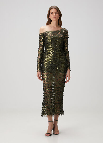 Khaki Sequined Midi Cocktail Dress