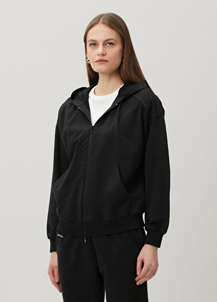 Siyah Kapüşonlu Fermuarlı Sweatshirt