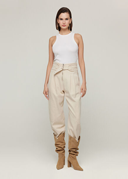 Ekru Korsajlı D Tokalı Gabardin Kadın Pantolon