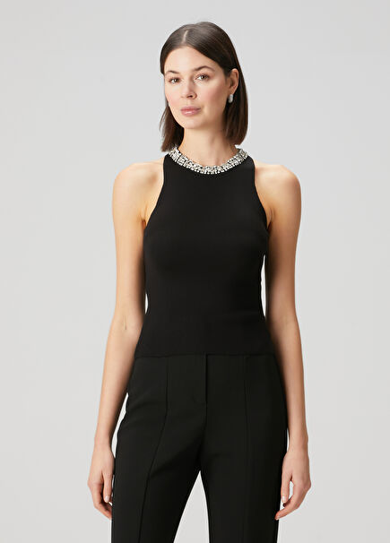 Black Crystal Embellished Knit Blouse