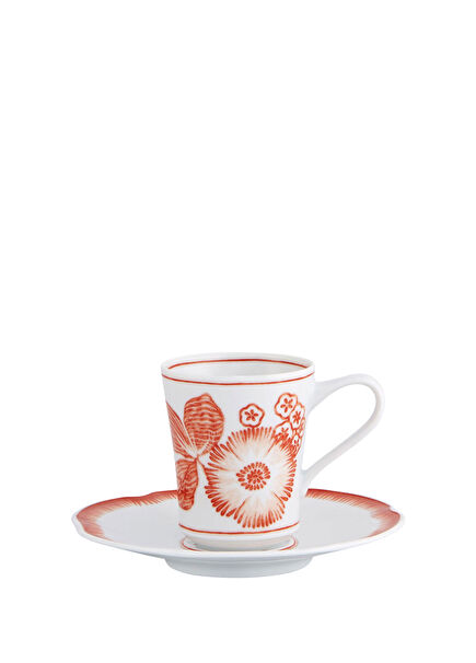 Coraline Orange Patterned Porcelain Coffee Cup and Saucer