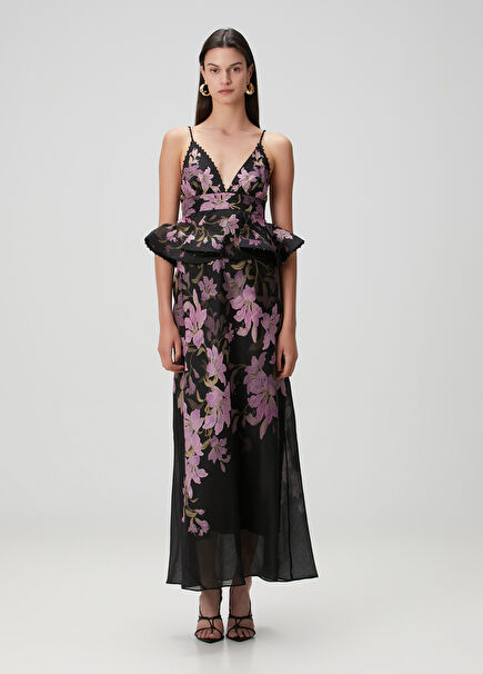 Dawning Black Floral Maxi Linen Dress