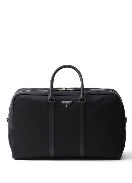 Siyah Re-Nylon ve Saffiano Deri Silindir Unisex Seyahat Çantası
