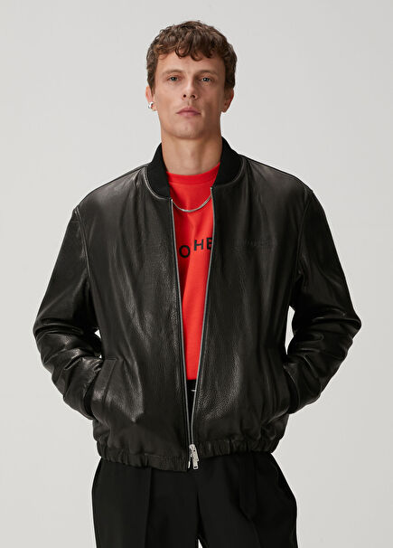 Siyah Deri Bomber Mont