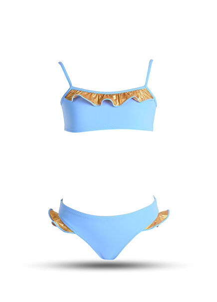 Blue Shiny Gold Ruffle Detailed Strap Girls' Bikini Set
