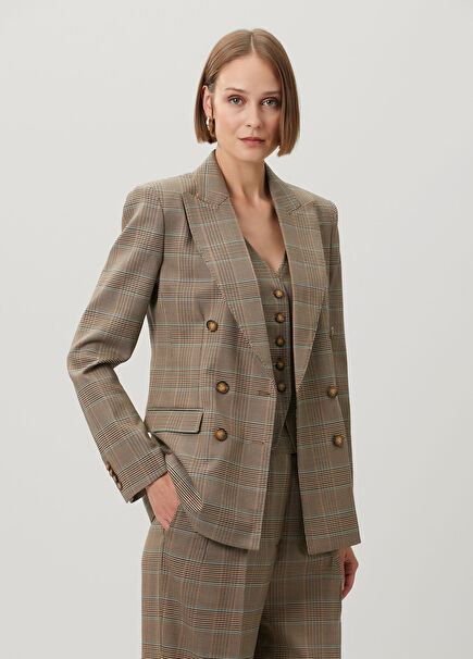 Kahverengi Ekose Desenli Yün Blazer