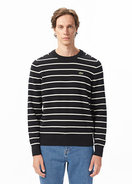 Çizgili Siyah Bisiklet Yaka Classic Fit Erkek Kazak