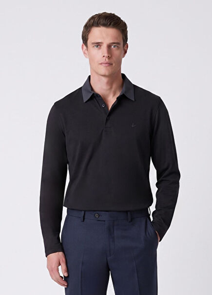 Siyah Kontrast Yaka Uzun Kol Polo T-shirt