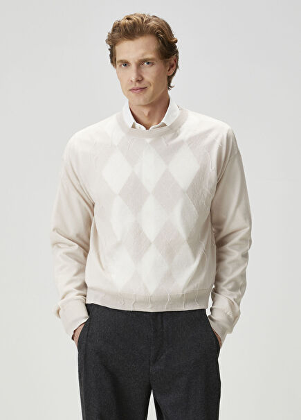 Sonar Bej Geometrik Jakarlı Yün Kazak