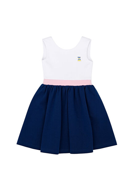 White Navy Blue Girl Dress with Ribbon Back