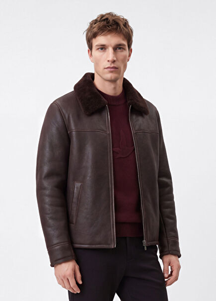 Koyu Kahverengi Shearling Yaka Deri Mont