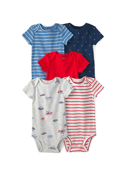 Colorful Patterned Short Sleeve Baby Boy 5 Snap Body