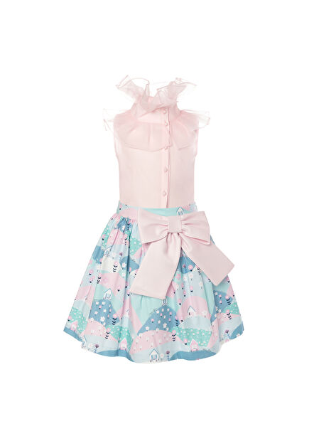 Cotton Patterned Skirt & Ruffled Collar Blouse Girls's Set of 2