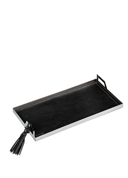 Black Leather Steel Tasseled Large Size Tray 28.5 cm