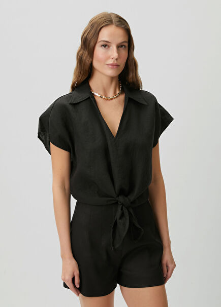 Siyah Düğüm Detaylı Keten Bluz