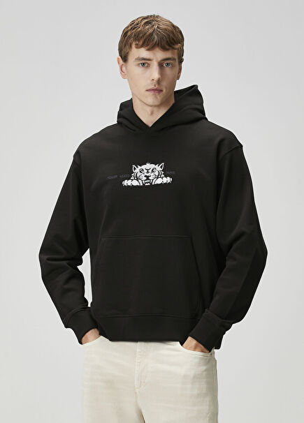 Siyah Kapüşonlu Logo Nakışlı Sweatshirt