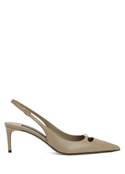 Krem Logo Tokalı Deri Topuklu Ayakkabı