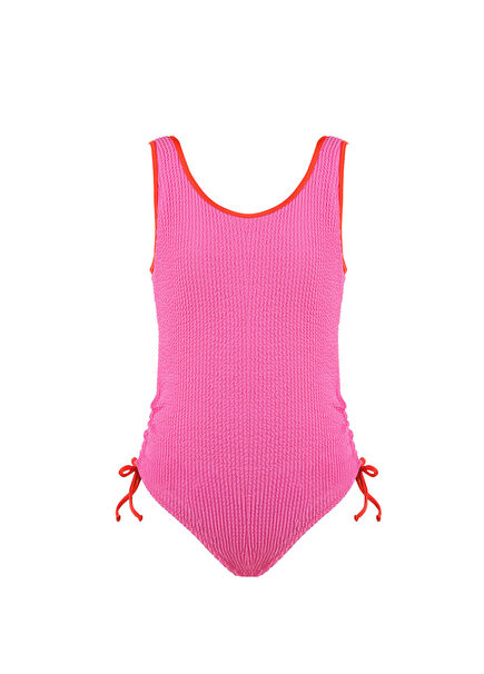 Pink Textured Fabric Colorful Piping Detailed Girls' Swimsuit
