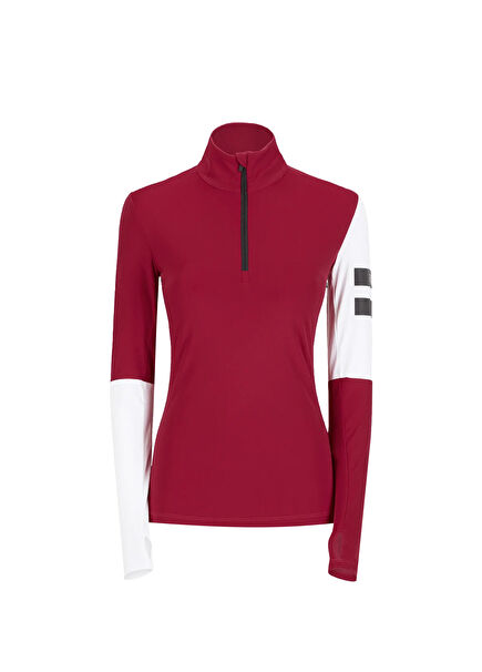 681-T-Neck With Half Zip Burgundy White Long Sleeve Women's Sports Bodysuit