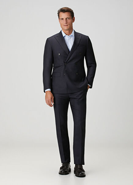 Koyu Mavi Çizgi Desenli Yün Kruvaze Takım Elbise