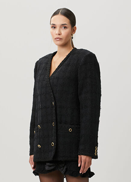 Siyah Kruvaze Tweed Ceket