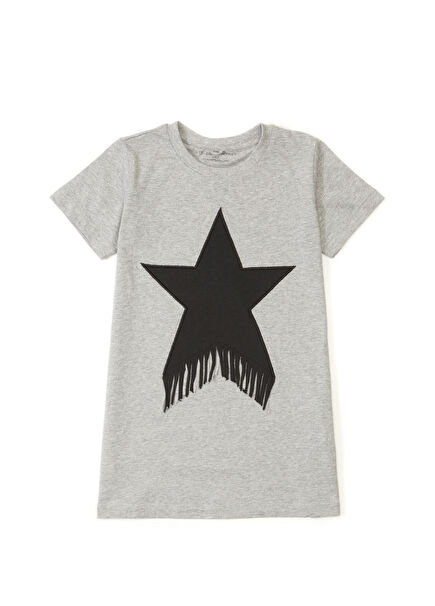 Gri Yıldız Patchli Kız Çocuk Elbise