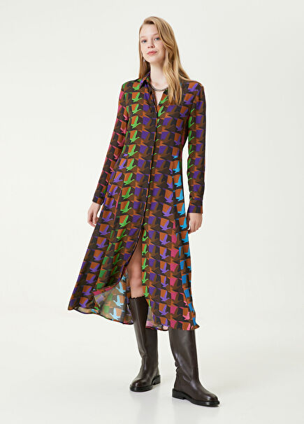 Renkli Kuş Desenli Midi Twill İpek Gömlek Elbise
