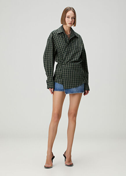 Yeşil Ekose Desenli Garnili Mini Elbise