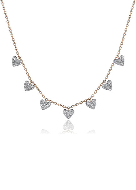 Sıra Kalp Pırlanta Taşlı 14 Ayar Beyaz Altın Kadın Kolye